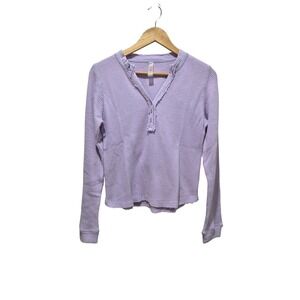 Mono B Womens Waffle Knit Raw Hem‎ Long Sleeve Henley Top Lavender M